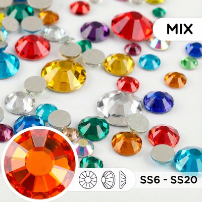 Стразы холодной фиксации из стекла, цвет Mix, форма Round